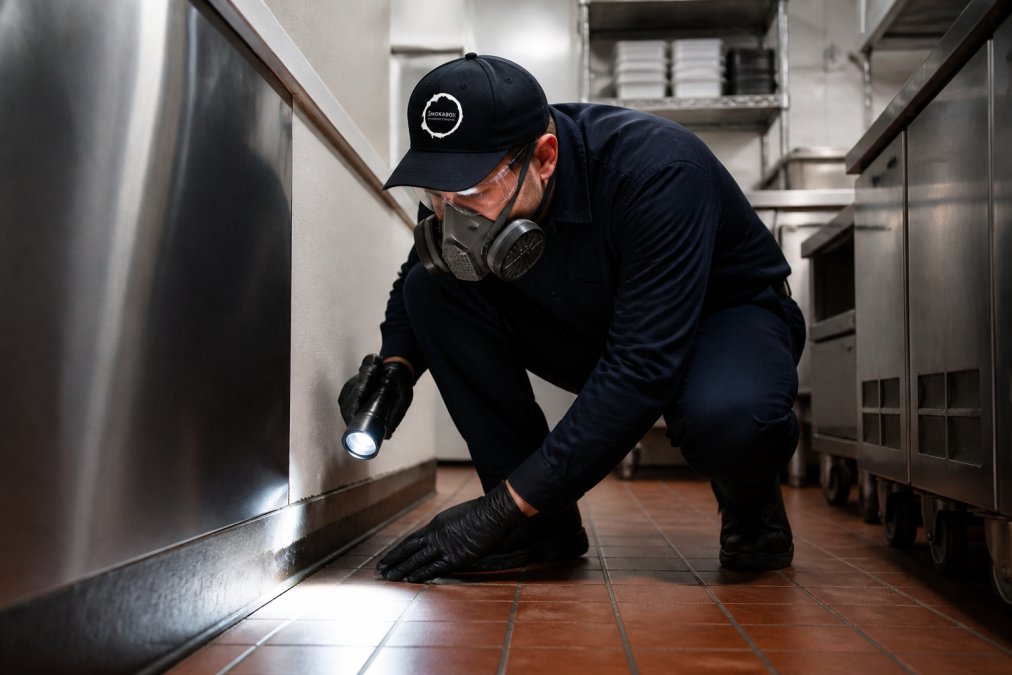 Professional pest control technician in protective gear inspecting cracks and crevices along baseboards in a commercial kitchen with stainless steel equipment visible, using a flashlight to examine entry points