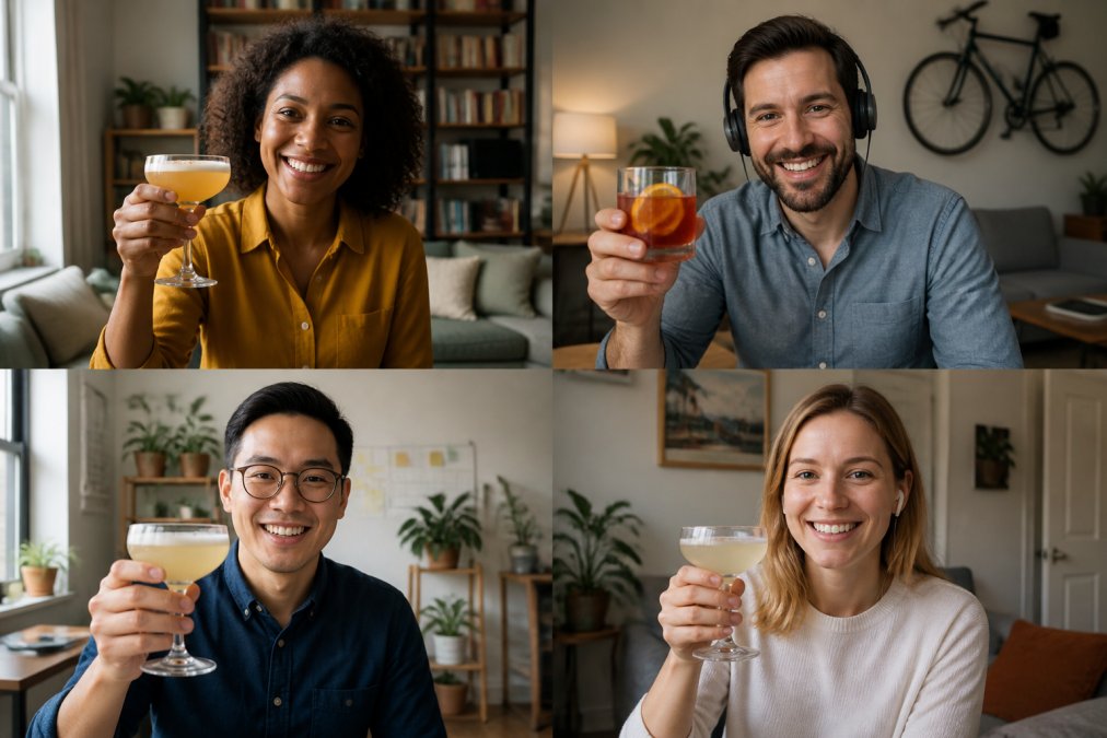 A diverse group of remote workers on a video call, each holding a glass with a premium cocktail, smiling and celebrating together from their individual home offices with warm natural lighting