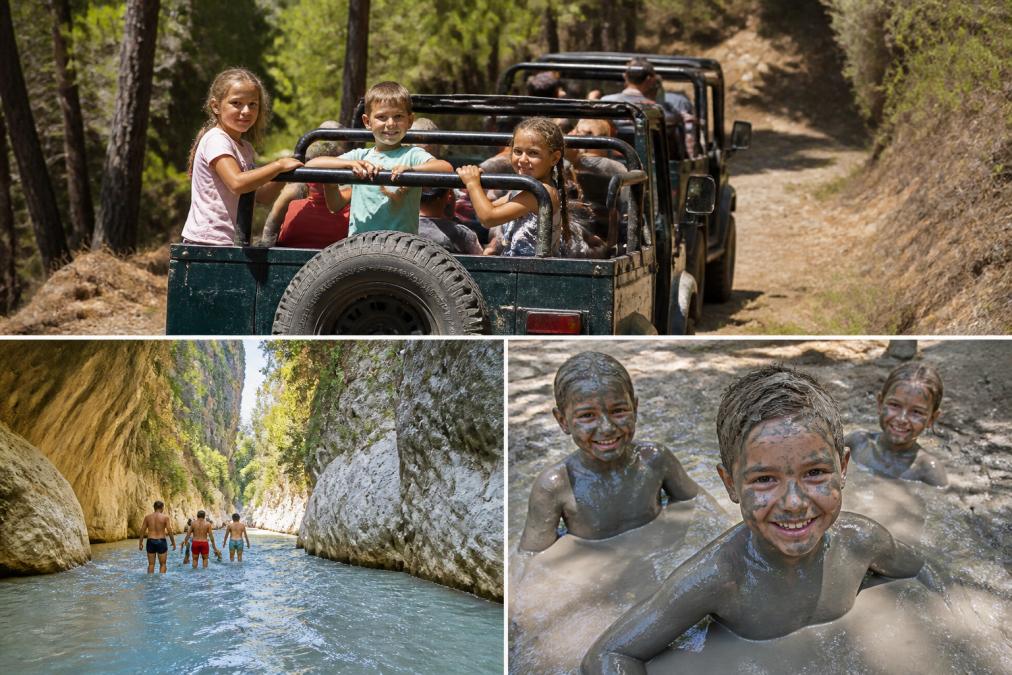 4x4 jeepte aile üyeleriyle seyahat eden çocuklar, Sakılıkent Kanyonu'nda akan su ve kayalıklar, çamur banyosunda eğlenen çocuklar, doğal ışık