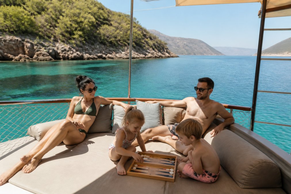 Çocuklu bir aile teknede oturmuş, turkuaz denizde ilerlerken, çocuklar teknede oyun oynuyor ve aileler güneşleniyorlar, parlak güneş ışığında