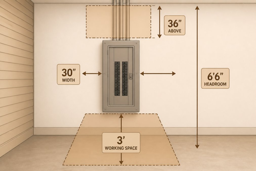 Diagram showing required NEC clearances around an electrical panel: 3 feet of working space in front, 30 inches of width, 6 feet 6 inches of headroom, and 36 inches of dedicated space above the panel