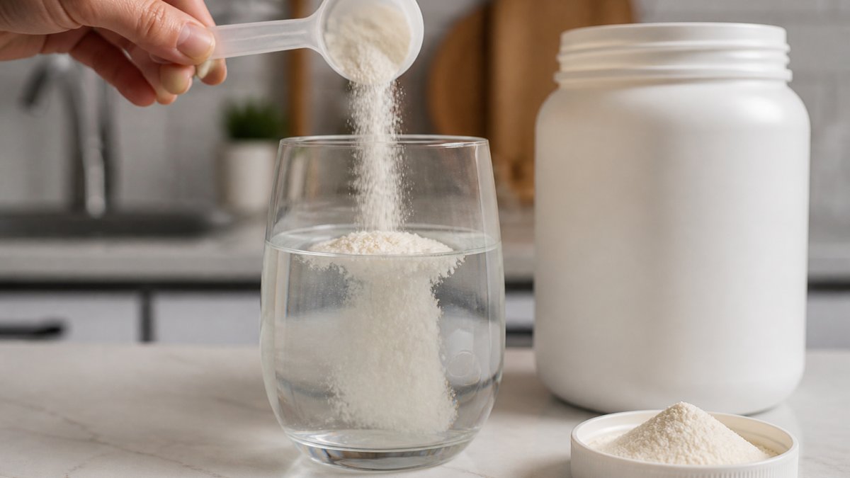 A close-up of a glass of water with a scoop of unflavored collagen powder dissolving, next to the product container on a clean kitchen counter