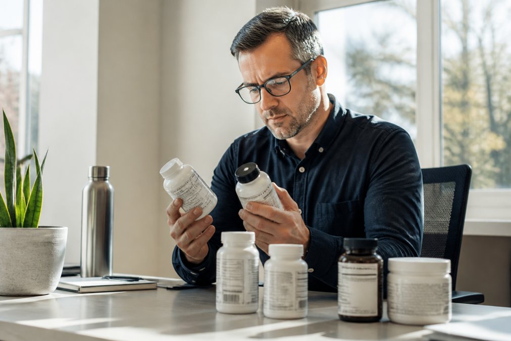 Middle-aged professional at a modern desk examining supplement bottles and product labels with focused attention, natural office lighting streaming through windows