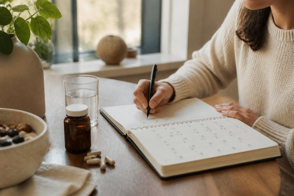 Person journaling wellness progress in a notebook with a visible calendar tracking daily supplementation and energy levels, representing long-term commitment to cellular health