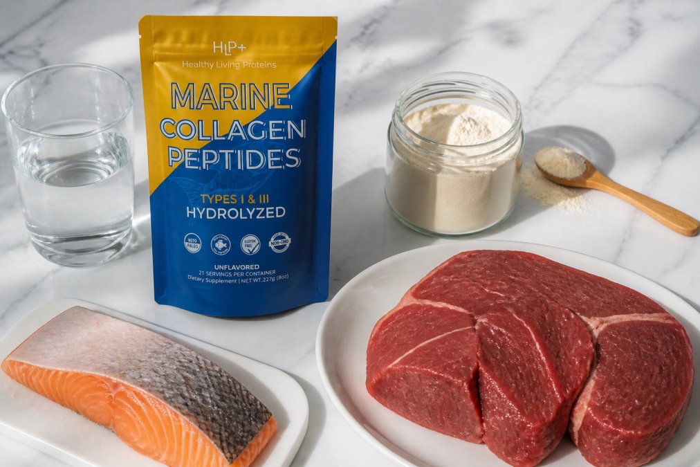 Flat lay arrangement of collagen powder in glass container, a clear glass of water, fresh wild-caught fish fillet, and grass-fed beef on clean white marble surface with natural morning light