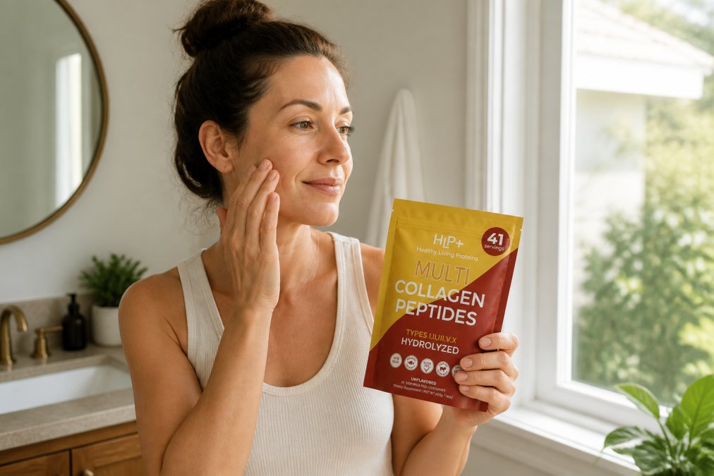 Woman in her 30s examining her skin in natural light, holding a collagen supplement container and looking satisfied, with natural morning light streaming through a window