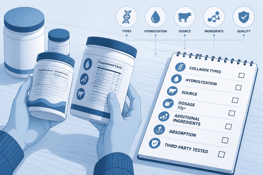 Close-up of hands holding multiple collagen supplement containers and reading labels carefully, with a notepad listing comparison criteria like collagen types, hydrolyzation, and sourcing nearby on a wooden table