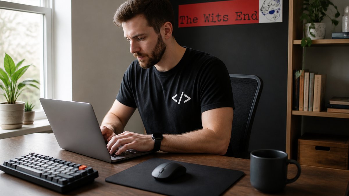Software developer at a modern desk wearing a coding-themed t-shirt, working on their laptop with a Code Wisely mousepad visible next to a coffee mug and mechanical keyboard, natural window lighting