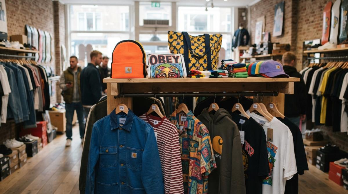 Kleurrijke streetwearkleding op hangers in een moderne winkel, met verschillende stijlen zichtbaar: t-shirts, jassen en accessoires van diverse merken zoals Carhartt WIP en Obey