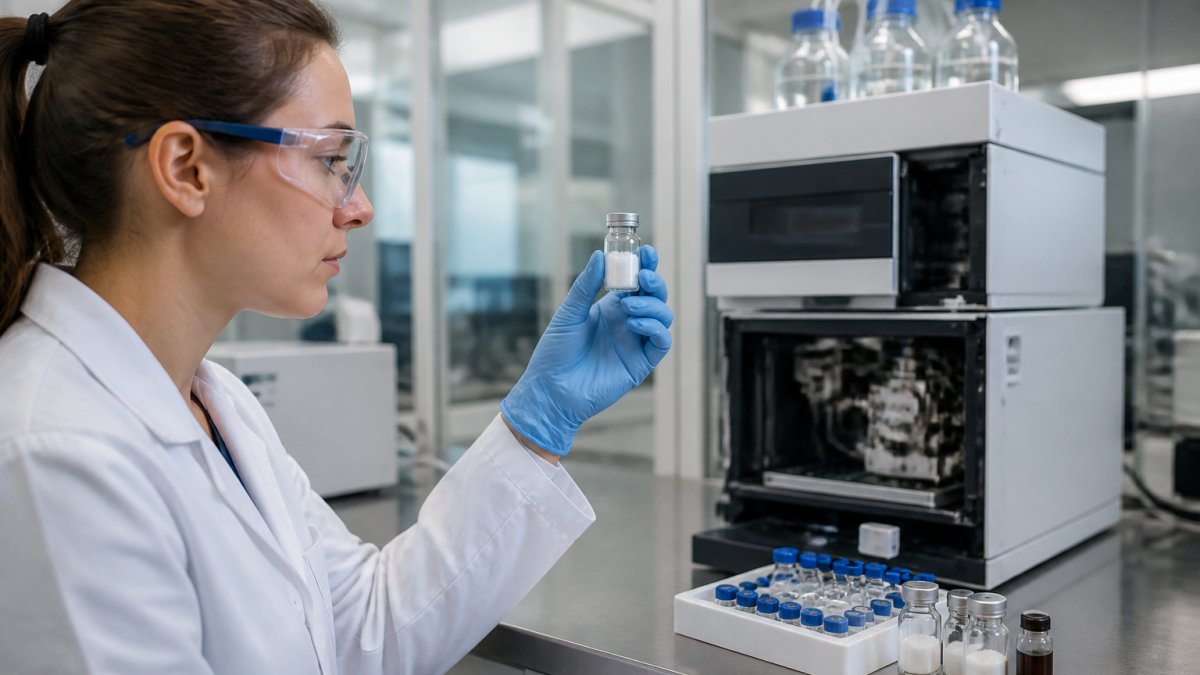 A laboratory researcher in a white coat and safety glasses examining a lyophilized coenzyme vial next to an HPLC instrument in a temperature-controlled analytical lab
