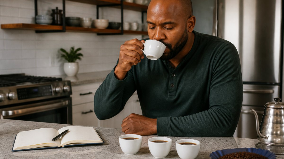A person at a kitchen counter with three small cups of coffee lined up, a notebook and pen nearby, tasting one cup with eyes slightly closed in concentration