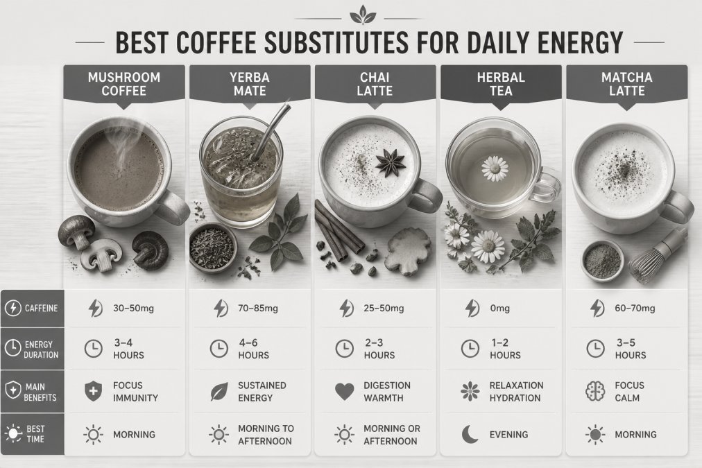 Overhead arrangement of various coffee alternative beverages in mugs, a steaming cup of mushroom coffee with earthy color, a glass of yerba mate with golden hue, a chai latte with spiced warmth, and herbal tea with delicate color, displayed on a wooden table with fresh herbs, cinnamon sticks, and ginger root scattered nearby in natural morning light