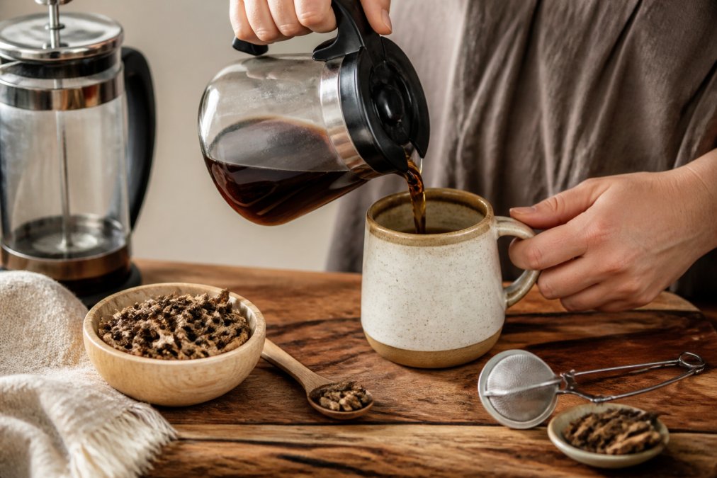 Hands pouring freshly brewed dandelion root coffee into a ceramic mug, with dried dandelion root and brewing equipment on a wooden surface