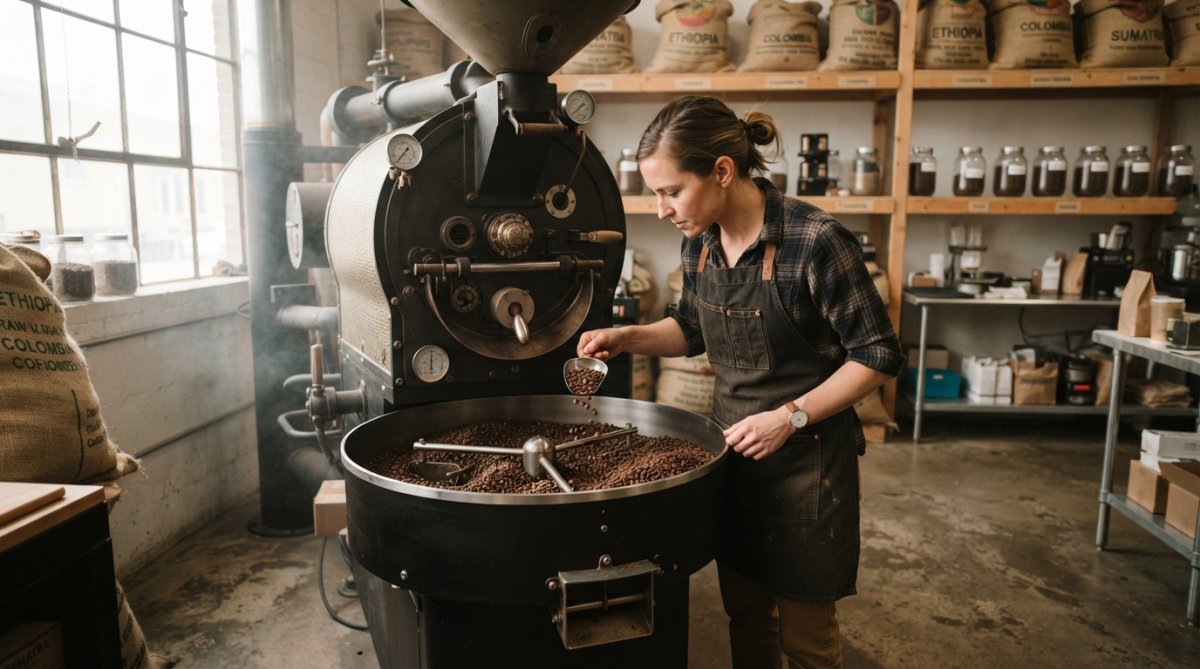 Barista at specialty coffee roaster carefully pouring hot water over coffee grounds in a pour-over dripper, with roasted beans visible in the background