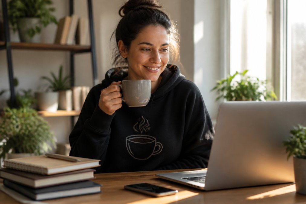 A remote worker in a coffee-themed hoodie smiling while holding a ceramic mug at a sunlit home desk with a laptop and stack of notebooks