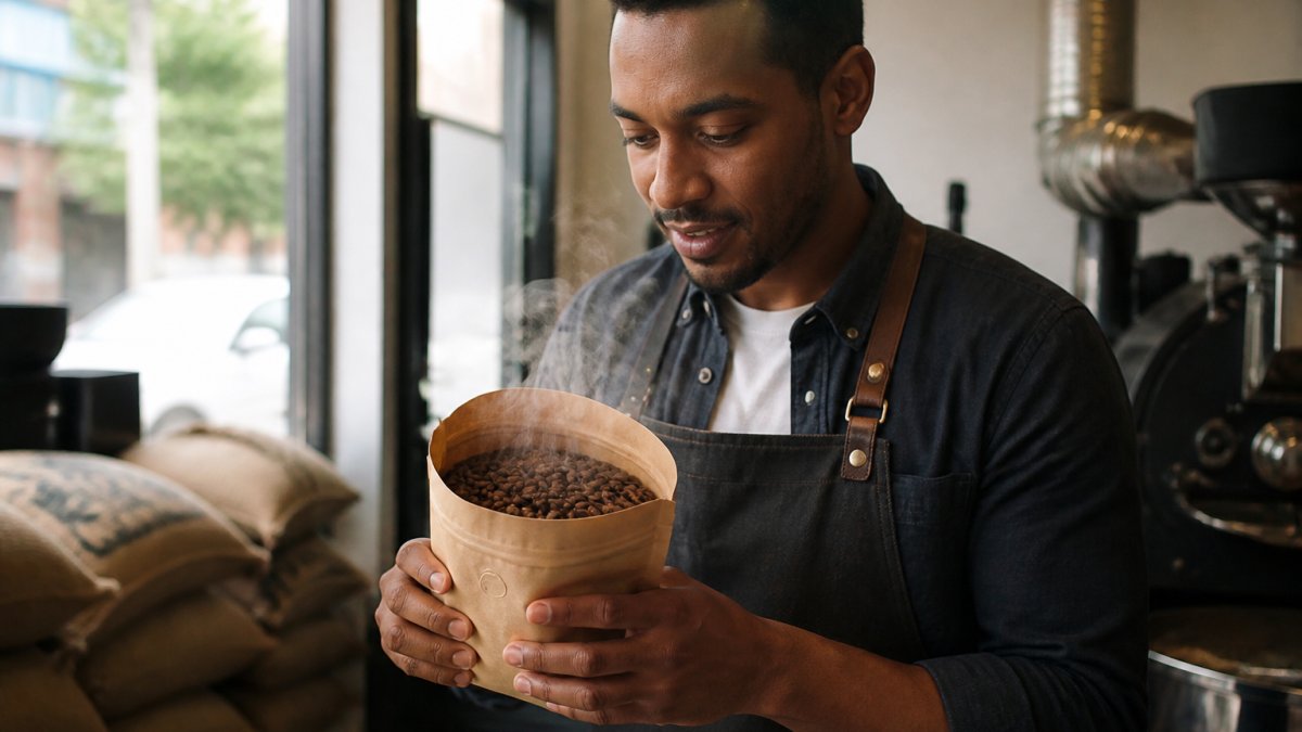 Close-up of freshly roasted coffee beans in a kraft bag with visible roast date label, steam rising, held by hands in warm natural light