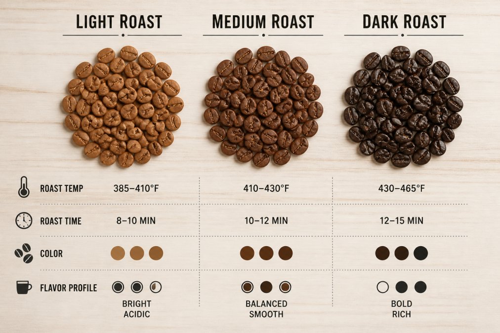 Overhead photo of three small piles of whole coffee beans on a light wooden table, showing light brown, medium brown, and dark brown roasts side by side in natural window light