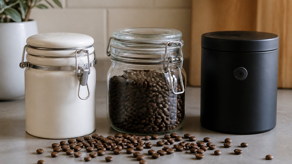 Close-up of three different coffee storage containers, a ceramic canister with airtight seal, a glass jar with metal clip lid, and a matte black opaque container with one-way valve, arranged on a kitchen counter with scattered whole coffee beans in front