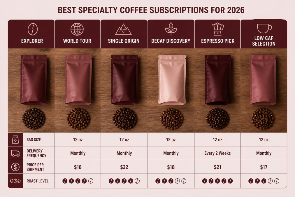 Overhead comparison of various coffee bean subscription bags arranged on a wooden table with roasted beans.