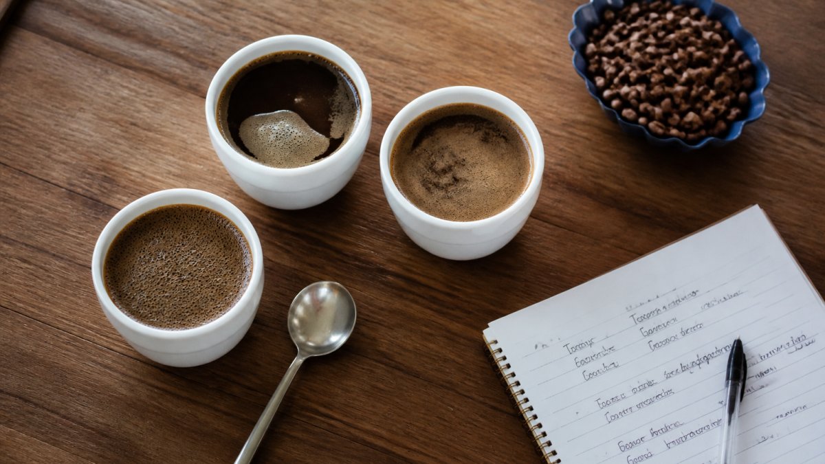 Overhead scene of a home cupping setup with three white ceramic cups of coffee on a wooden table, a cupping spoon, a small bowl of roasted beans, and a notebook with handwritten tasting notes nearby