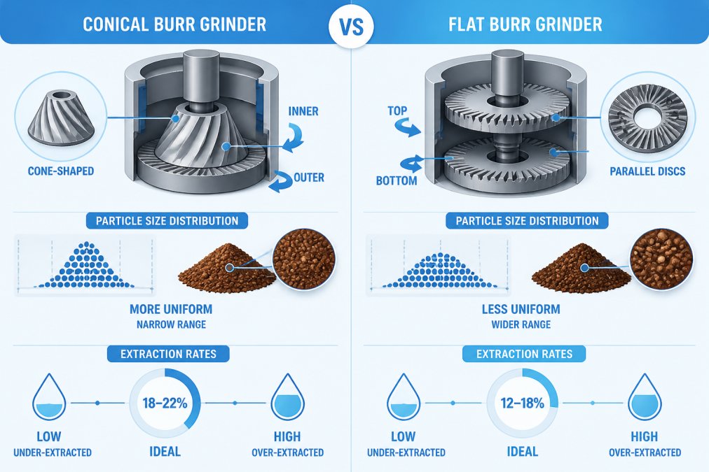 Side-by-side diagram showing conical burr mechanism (cone-shaped grinding surfaces) vs flat burr mechanism (parallel disc surfaces), with arrows indicating particle size distribution uniformity and notes on extraction rates