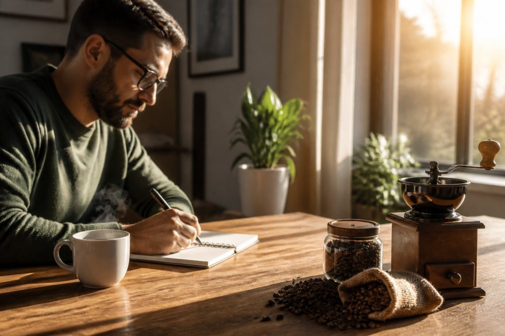 Remote professional at a home office desk with a steaming cup of freshly brewed coffee, morning sunlight streaming through the window, whole coffee beans and a manual grinder visible on the wooden desk surface