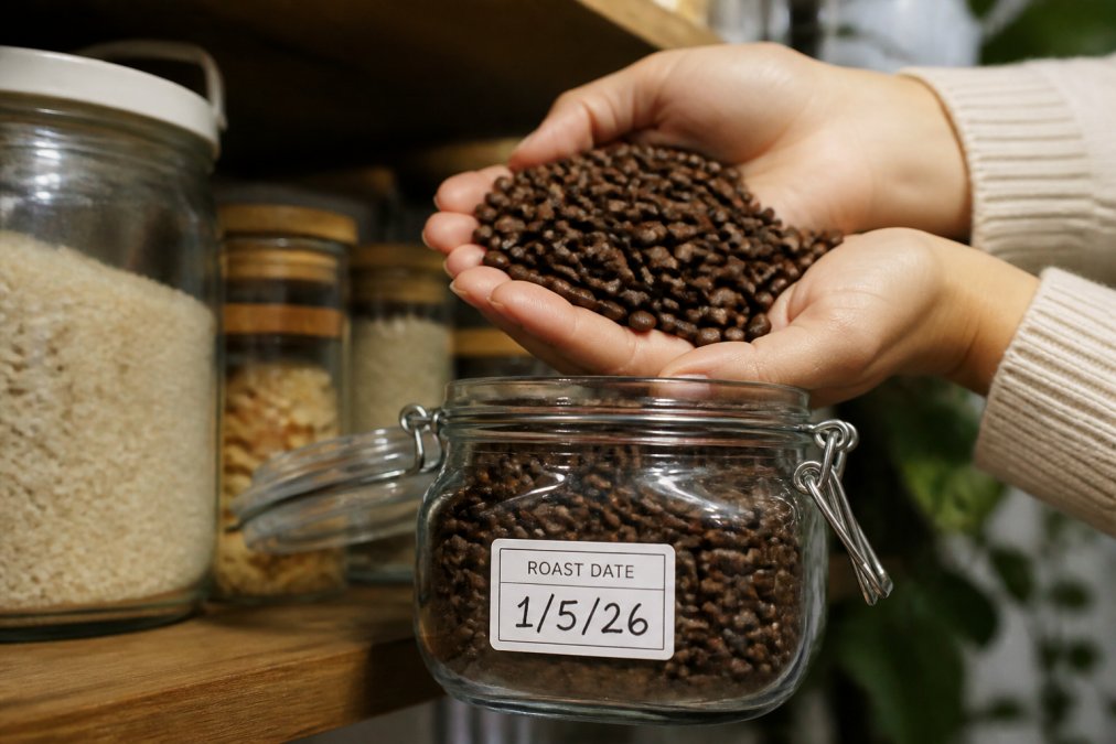 Close-up of hands holding whole coffee beans over an airtight glass container with a label showing the roast date clearly visible, cool pantry shelf with soft background lighting and other stored items