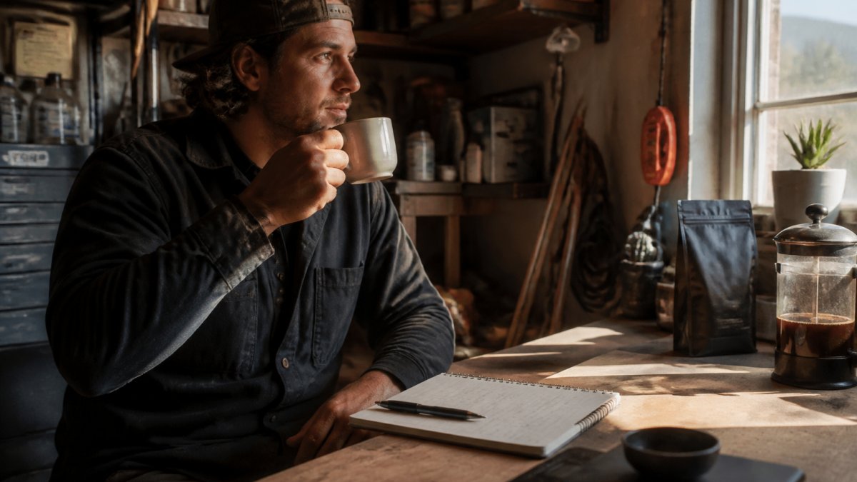 Person holding a warm cup of coffee in the morning light, looking calm and comfortable, with a notepad nearby for tracking symptoms