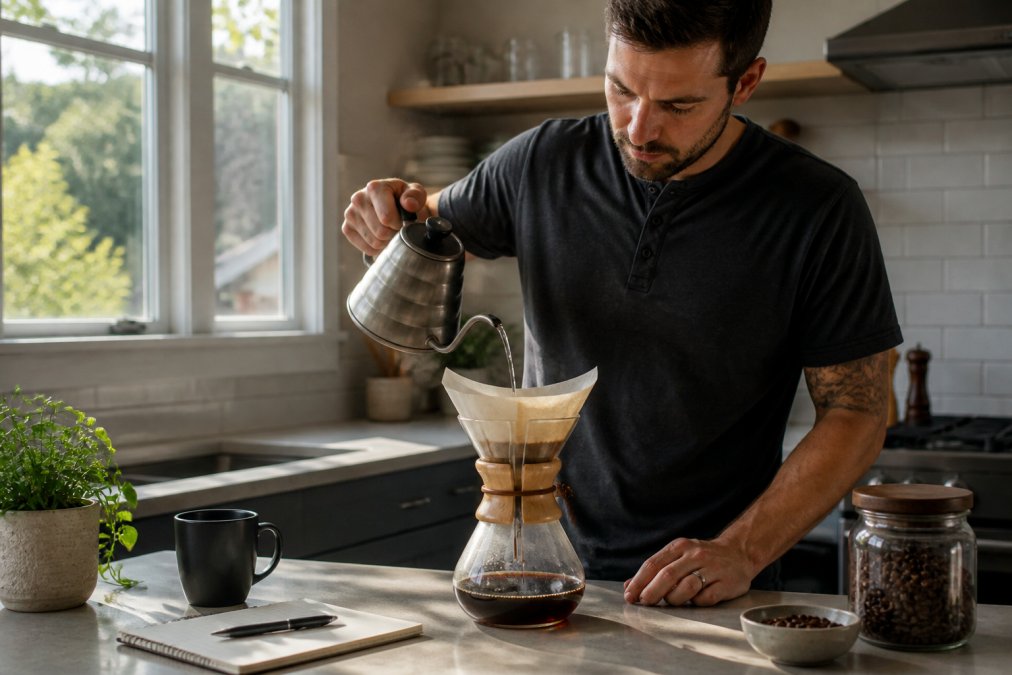 Person pouring hot water over coffee beans for maximum mental clarity in a bright kitchen with a notebook nearby