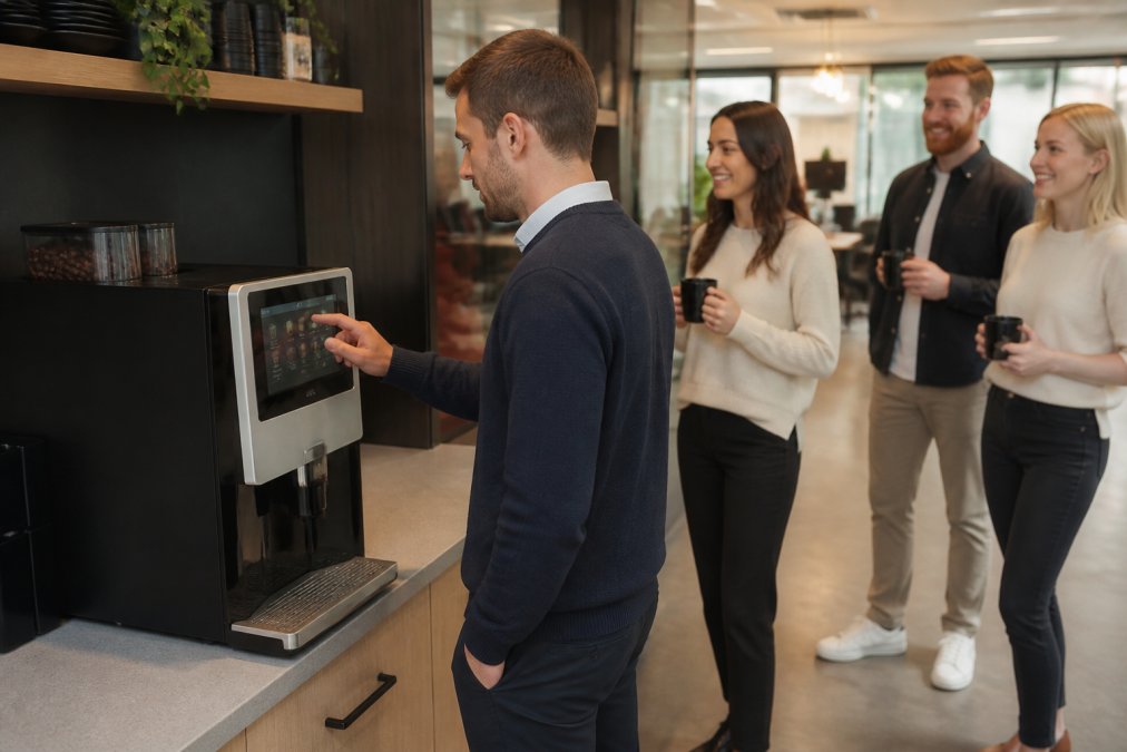 A modern office kitchen with a bean-to-cup coffee machine on the counter, an employee in smart casual clothing pressing the touchscreen to select a drink, colleagues with mugs waiting nearby in a bright, well-lit space