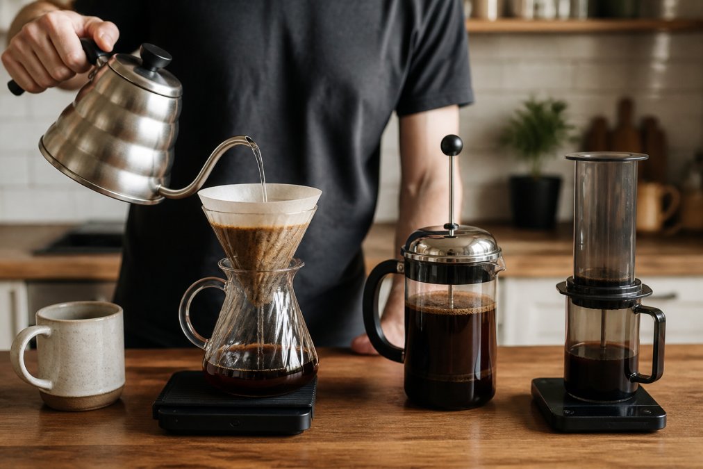 Pouring hot water over coffee grounds using a gooseneck kettle to demonstrate one of the popular coffee brewing methods.