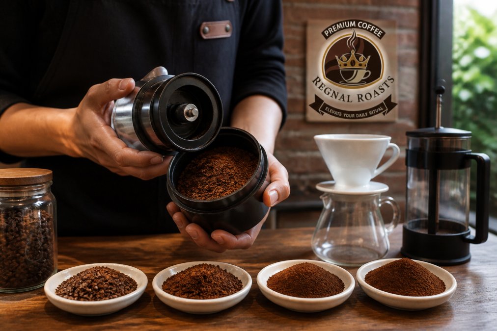 Close-up of hands holding a burr grinder with freshly ground coffee beans, showing different grind textures on a wooden table with a pour-over dripper and French press in the background
