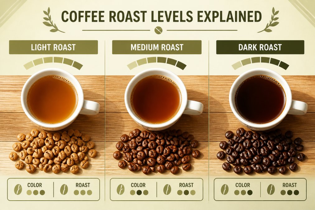 Three white ceramic cups arranged side by side, each filled with brewed coffee showing distinct color progression from light amber to deep brown, with whole coffee beans of matching roast levels displayed beside each cup on a natural wood surface with morning sunlight