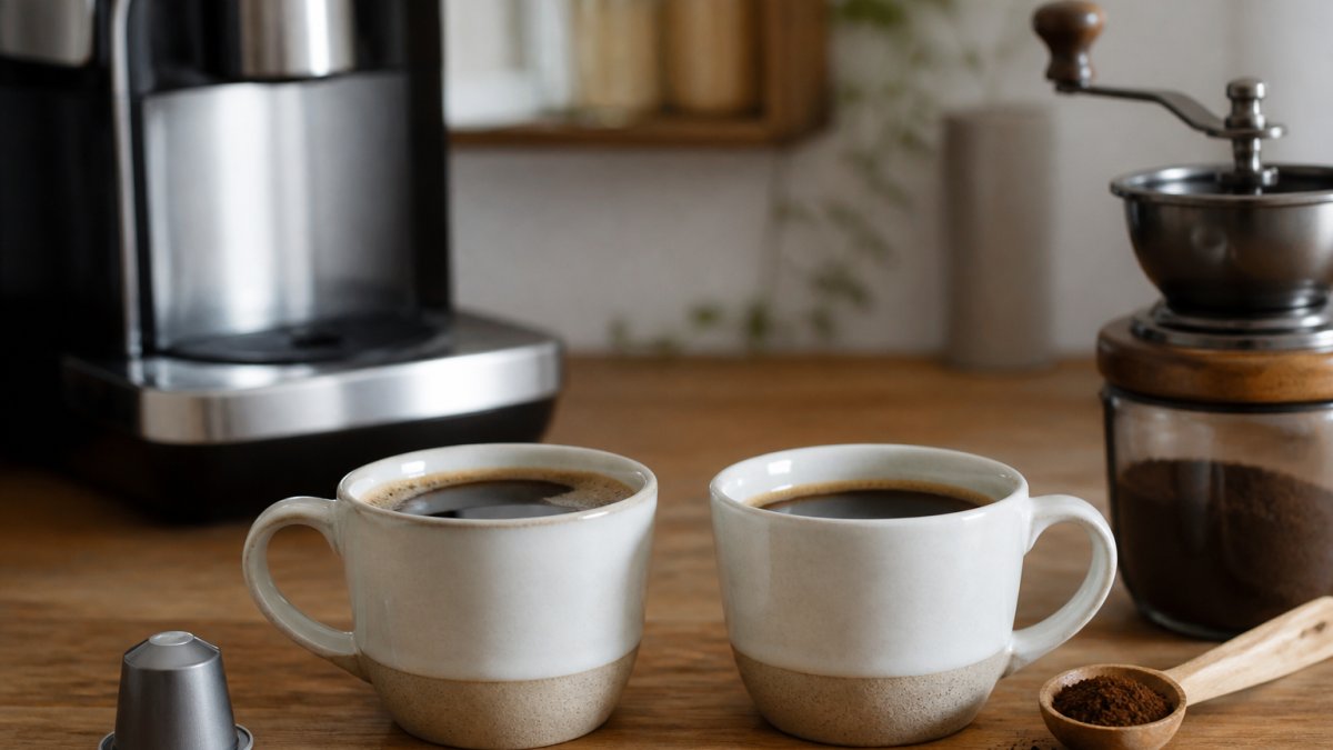 Two ceramic cups on a wooden counter comparing capsule coffee and fresh pour-over brew with kitchen equipment in the