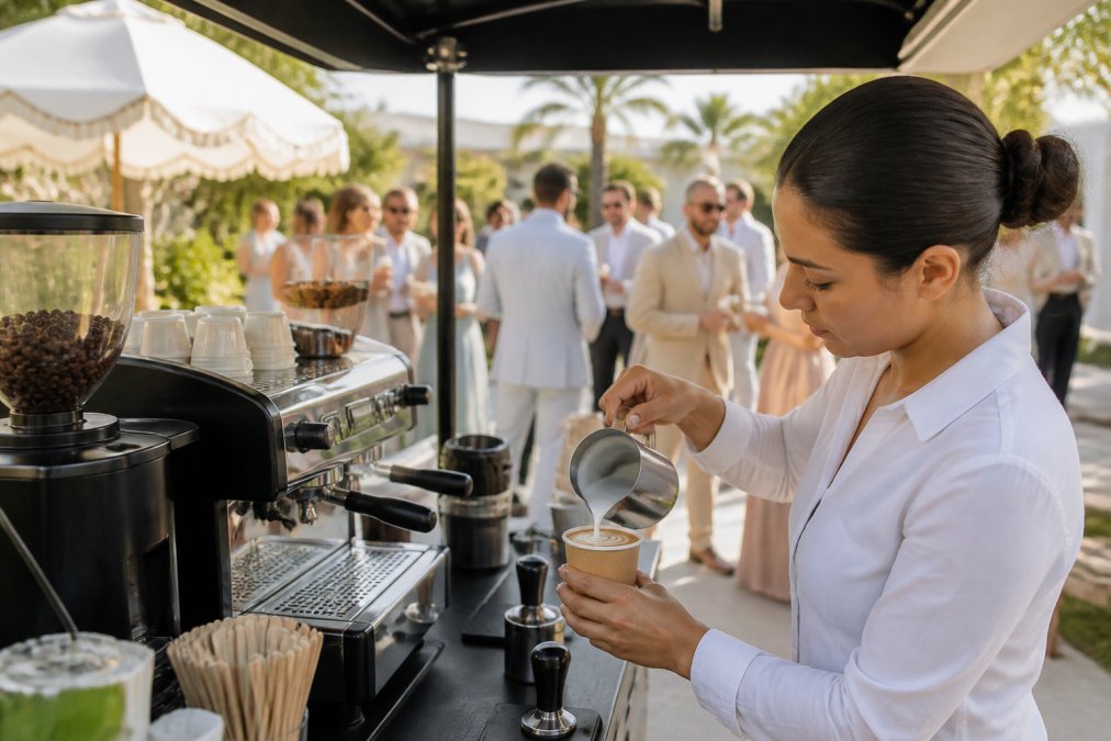 Professional barista preparing handcrafted latte at a mobile espresso cart with guests mingling in the background at an outdoor wedding reception, natural afternoon light
