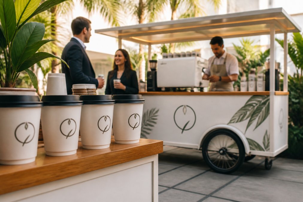 Close-up of branded coffee cups with custom logo design and a mobile coffee cart wrapped with company branding at a corporate event, professional lighting highlighting the custom design elements