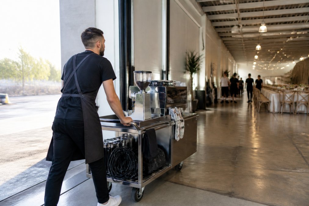 A barista in a black apron rolling a stainless steel mobile espresso cart through a wide loading dock doorway into a bright event hall, cables coiled on the cart frame