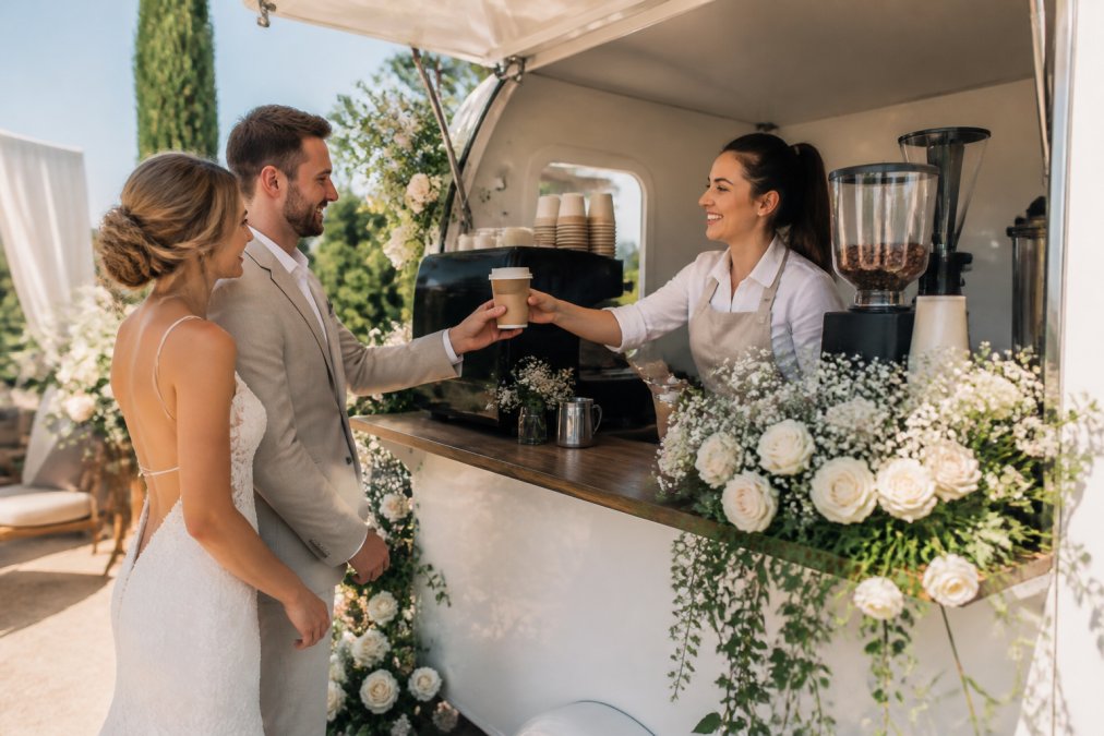 Professional barista at a branded mobile coffee cart serving specialty lattes to guests at an outdoor wedding reception, with the cart decorated with fresh flowers and custom signage visible, natural sunlight streaming across the setup