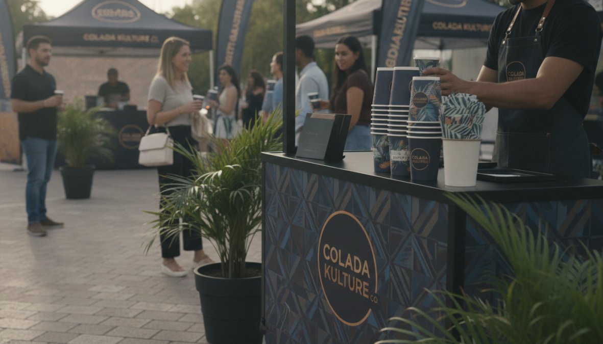 Close-up of branded coffee cups with custom logo designs and matching sleeves stacked on a mobile coffee cart at an outdoor brand activation event, with barista in background