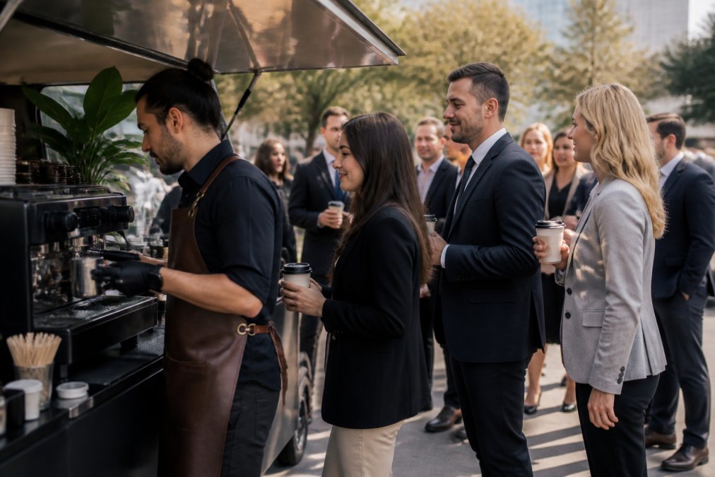 Professional barista preparing specialty coffee drinks at a mobile espresso cart during an outdoor corporate event, with professionally dressed guests waiting in line and receiving personalized beverages