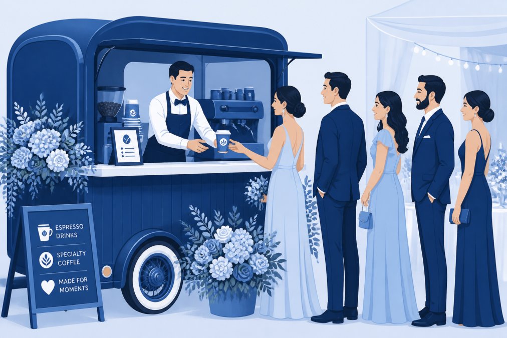 Elegant mobile coffee bar setup at a wedding reception with fresh flowers, specialty coffee cups, and a professional barista in formal attire serving a guest while other attendees wait in an organized line