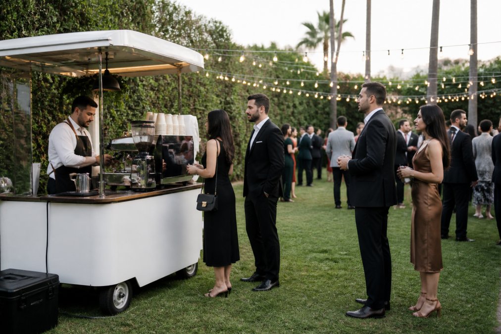 Professional barista serving guests at an outdoor coffee catering cart with string lights and elegant decor.