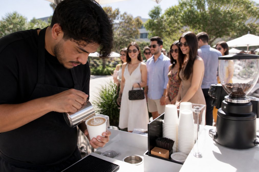 Professional barista carefully crafting latte art on a specialty espresso drink at a mobile coffee cart with guests waiting in line at an outdoor event under natural sunlight