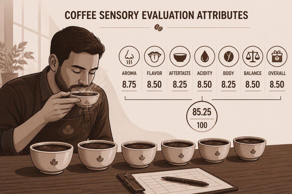 A trained Q Grader or coffee professional with eyes closed, smelling steam rising from a cupping bowl to evaluate aroma and fragrance, with multiple ceramic bowls lined up on a wooden table in natural light