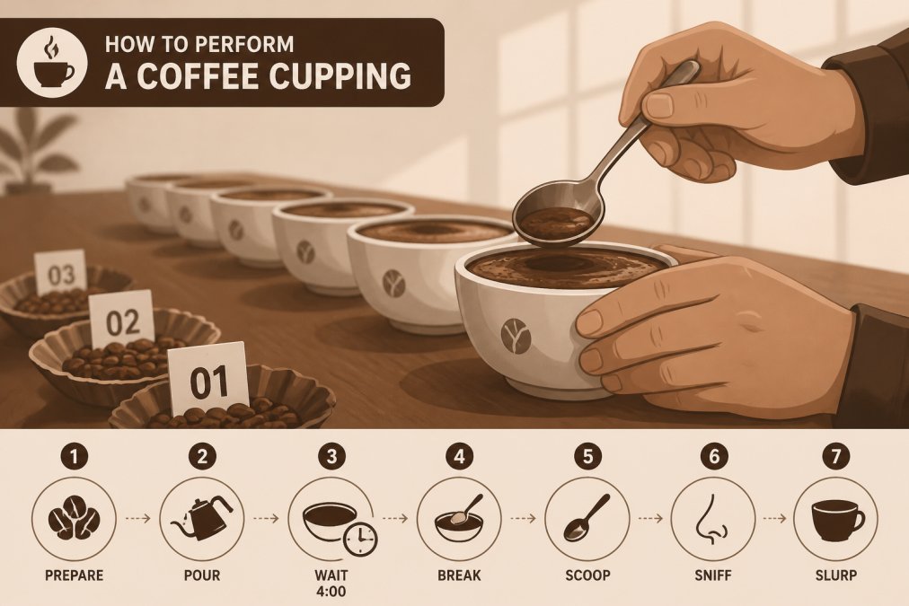 Close-up of hands holding a cupping spoon over a ceramic cupping bowl filled with brewed coffee, with multiple bowls lined up on a wooden table during a tasting session, natural morning light streaming across