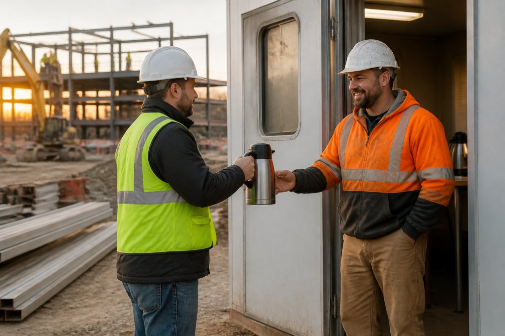 A delivery driver in a high-visibility vest and hard hat handing a thermal carafe of coffee to a construction worker at a job site trailer, early morning light, active site in background