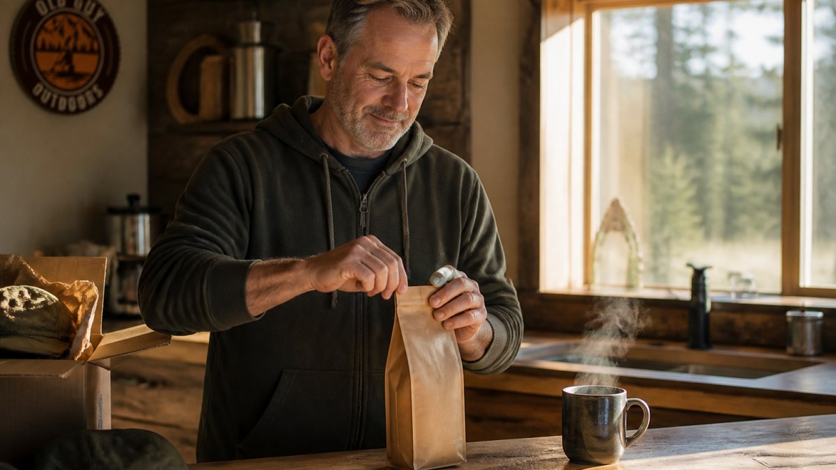 A man in his fifties opening a freshly delivered coffee bag on a rustic kitchen counter, steam rising from a mug, morning light through a window