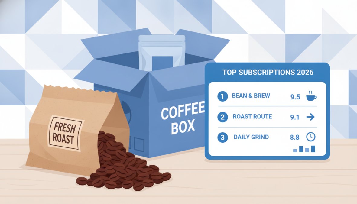 Close-up of freshly roasted coffee beans spilling from a kraft paper bag onto a worn wooden table, with a brown cardboard shipping box and a handwritten subscription card visible in the soft background light