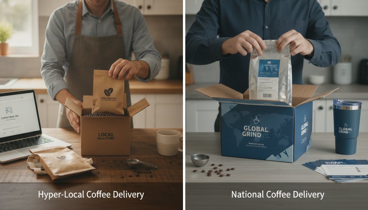 A person standing at a bright kitchen counter opening a coffee delivery box, lifting out a sealed kraft paper bag of specialty coffee beans, with a laptop showing a coffee subscription website open in the soft background