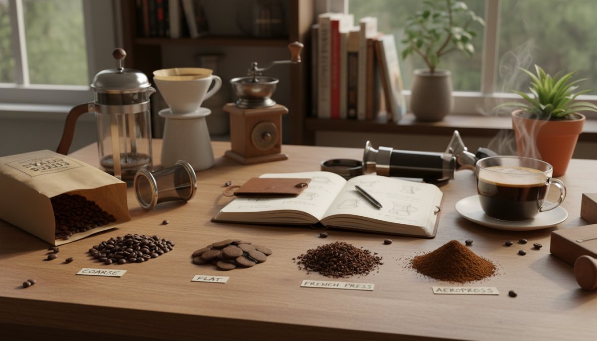 Flat lay of various coffee brewing equipment including a ceramic pour-over dripper, glass French press, stainless steel espresso portafilter, and black AeroPress arranged neatly on a white marble countertop, with small labeled piles of coarse, medium, and fine ground coffee placed beside each brewer, soft natural window light